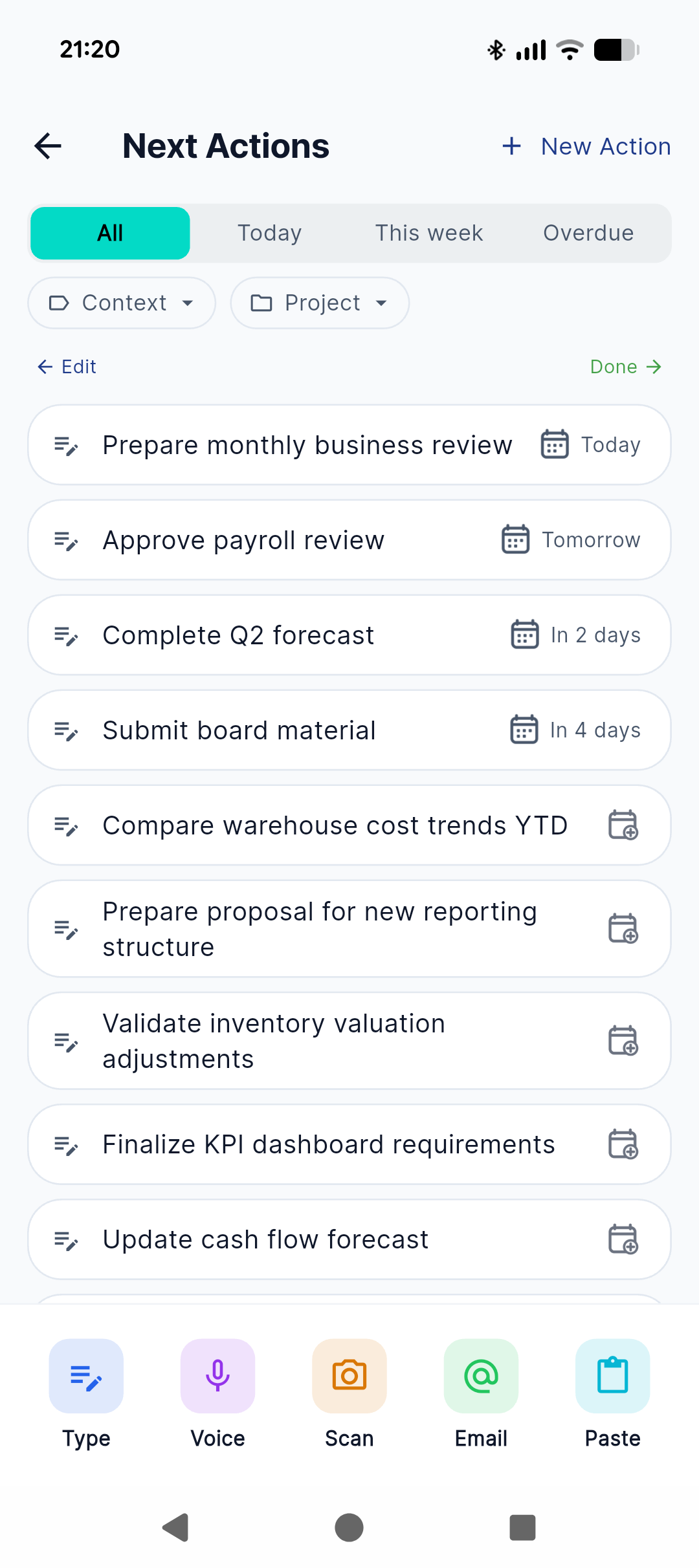 Stratask next actions screen